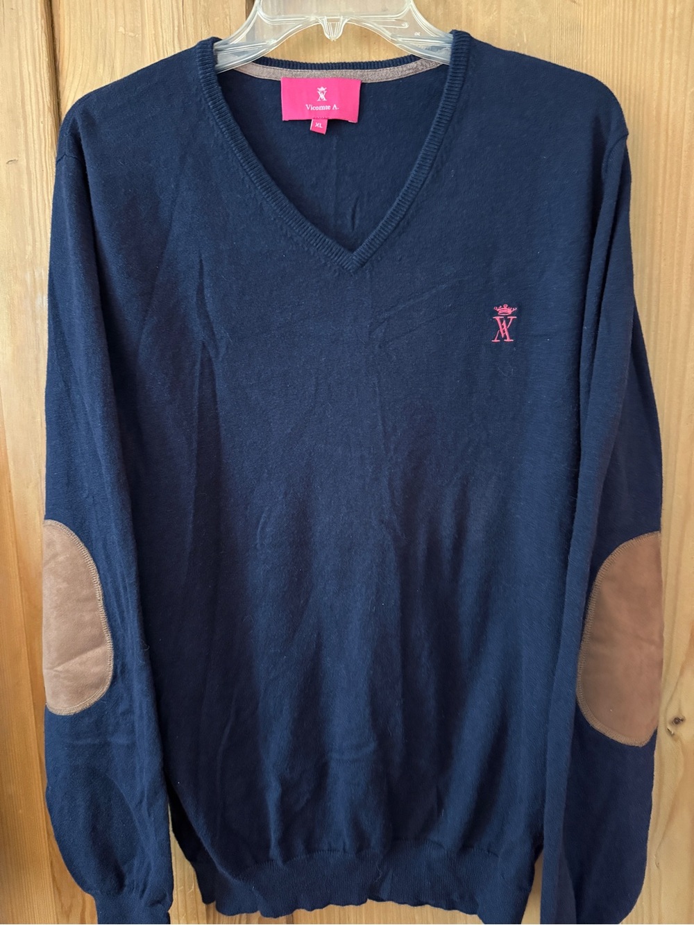 Vicomte A. Navy V-Neck Sweater with Brown Elbow Patches